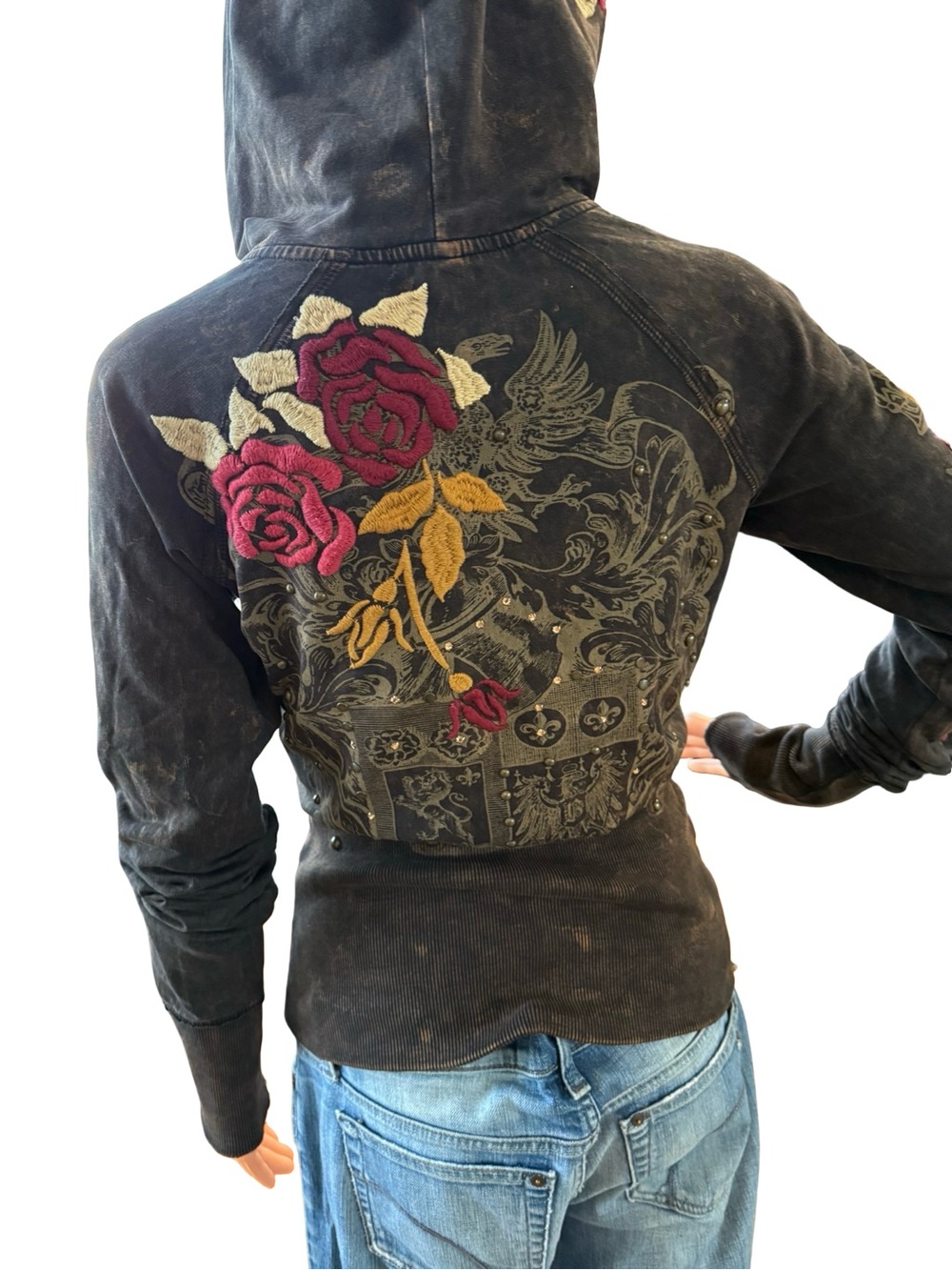 Womens Brown Hooded Jacket with Embroidered Rose Detail